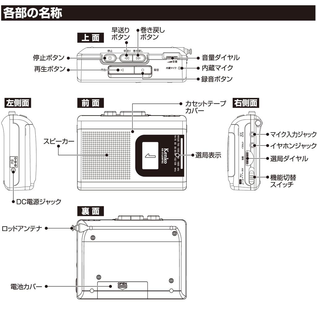 Kenko Радиокассетный магнитофон с чехлом Широкий FM Батарейка AA Внешний микрофон Серебристый KR-014AWFRCST Набор, Совместимый, Питание, В комплекте,