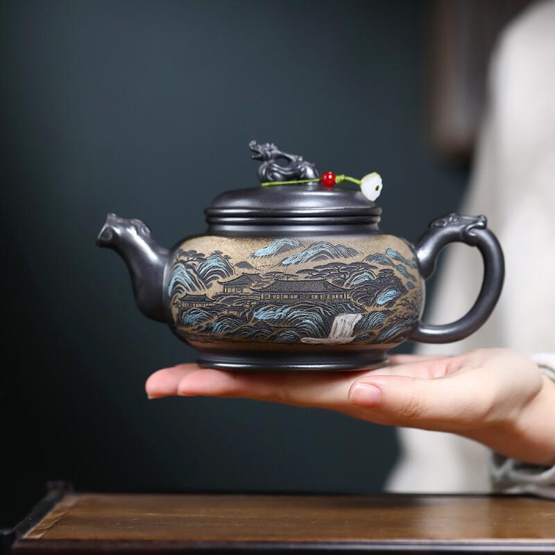 410 мл Ретро Исинские Чайники из Фиолетовой Глины Ручной Работы Чайник с Пейзажем Глина из Сырой Руды Камень Желтая Глина Чайник с Инфузором Китайский Чайный Набор Цзыша