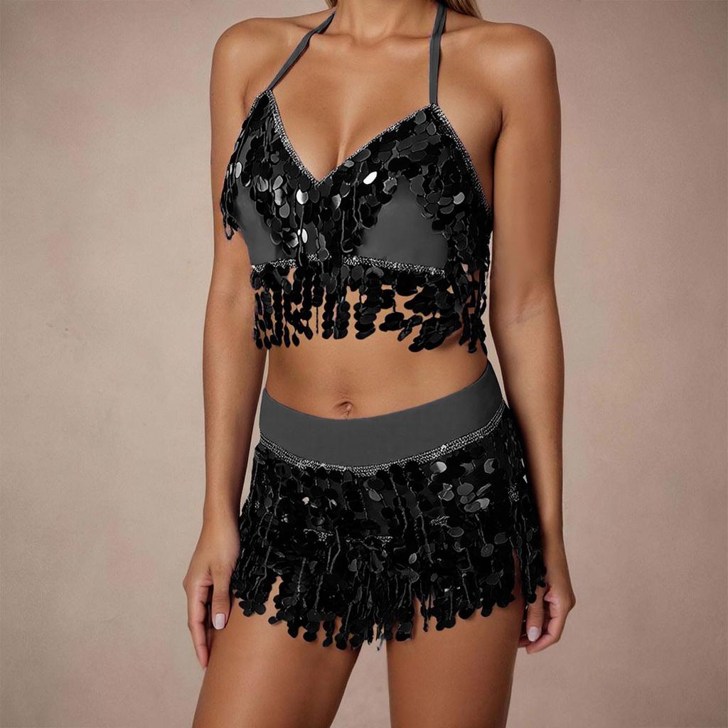 2 Pieces, Bra With Sequined Tassels, Fringed Top, Belly Dance Skirt, Carnival, Club, Costumes
