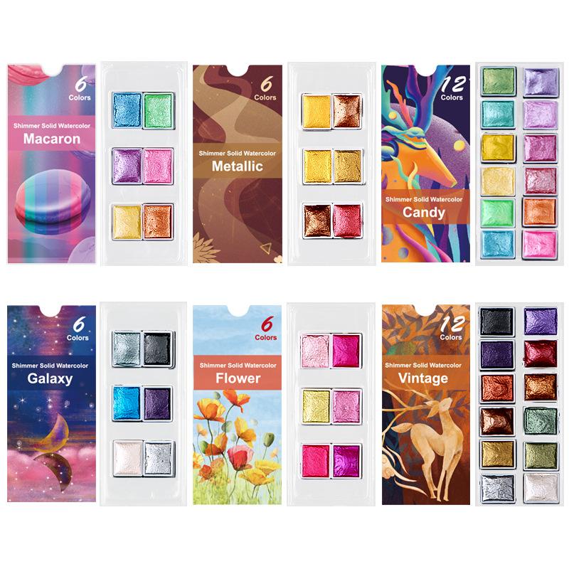 Набор акварельных красок 6/12 цветов с металлическим блеском для художников, школьные канцелярские принадлежности, инструмент для граффити, твердый пигмент, товары для рукоделия
