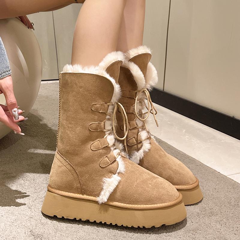 Мода модные утолщенные плюшевые зимние сапоги для женщин 2024 зимние сапоги на платформе из искусственного меха до середины голени женские нескользящие теплые хлопковые подбитые туфли