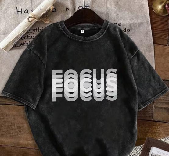 Retro Distressed Washed FOCUS Letter Printed Tshirt Loose Short Sleeved Casual Street Style Womens Tops