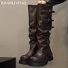 Женские высокие сапоги на толстой платформе, дизайнерские кожаные туфли на среднем каблуке с пряжкой, модные зимние туфли до колена в мотоциклетном стиле, женские ботинки