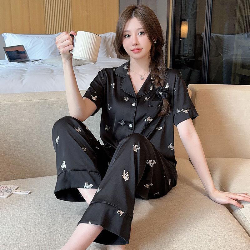 Large Size Pajama Sets Ice Silk Student Short Sleeve Long Trousers Homewear Two-Piece Cardigan Butterfly Print Sexy Nightwear