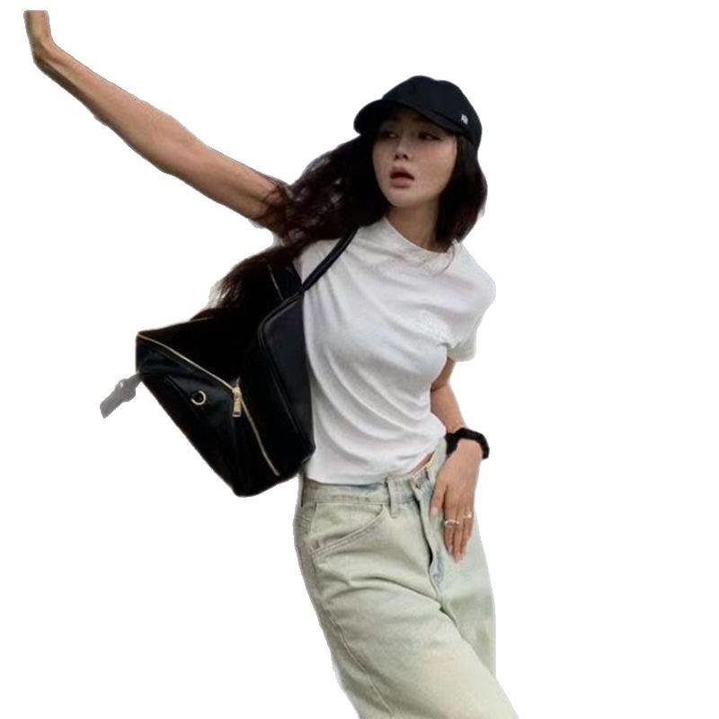 Женская приталенная хлопковая футболка с круглым вырезом - Короткий рукав, простой летний дизайн с вышивкой в виде надписи