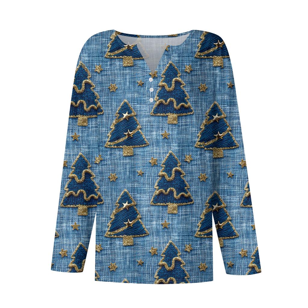 Women's Fashion Casual V-Neck Button-Up Long-Sleeve T-Shirt With Christmas Print Top