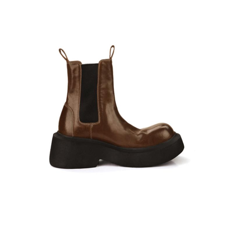 Виноградная Мама Западные Челси Сигаретные Ботинки Женские Ретро Потертые Средней Длины Эластичные Ботинки Маленькие Толстоподошвенные Ботинки на Высокой Платформе