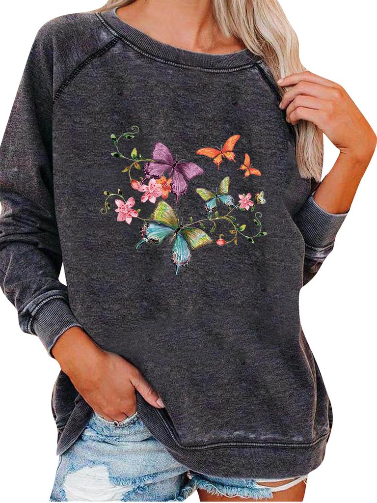Женский пуловер оверсайз, модный топ с принтом бабочки, женский свитшот на весну/осень