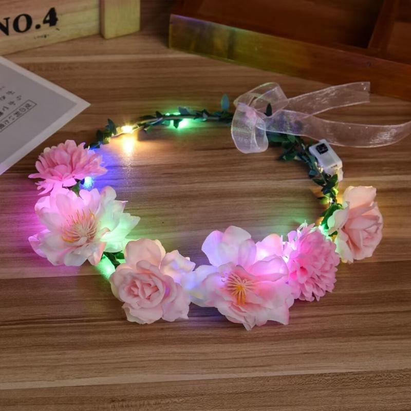 1PC Flower Headband Led Lights Hair Hoop Double-Sided Silk Floral Crown for Women Hair Headband Glowing Garland Light Up