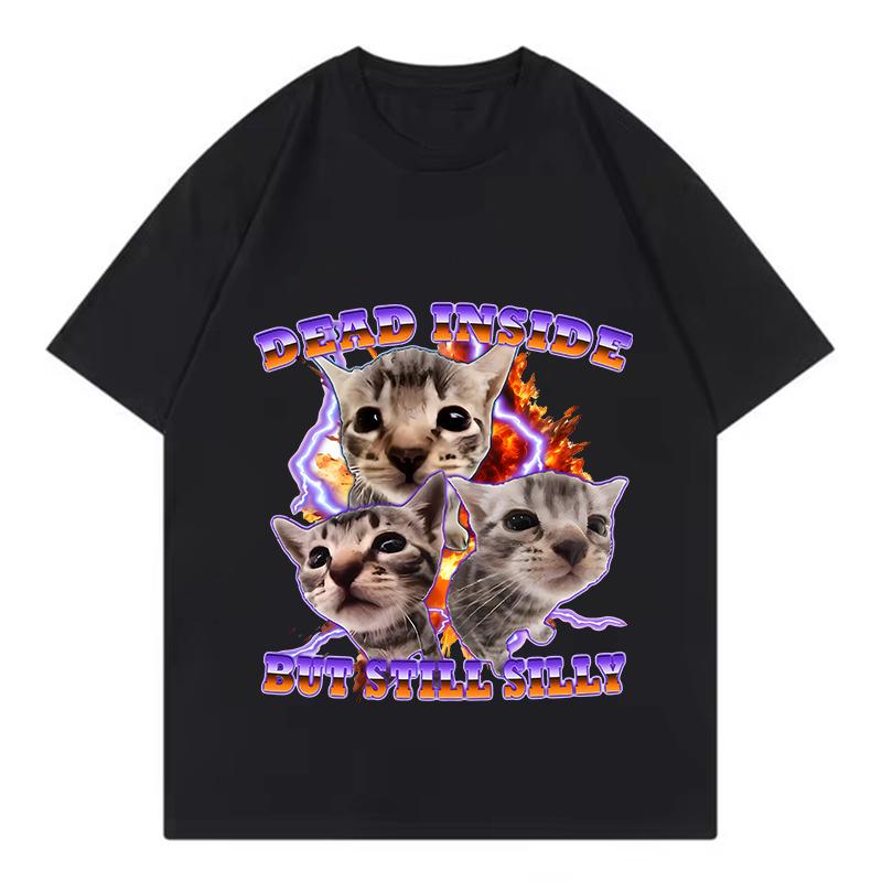 Funny Dead Inside But Still Silly Cat Design T Shirts UnisexTshirt Vintage Round Neck Short Sleeve Trendy Tee Shirt Streetwear
