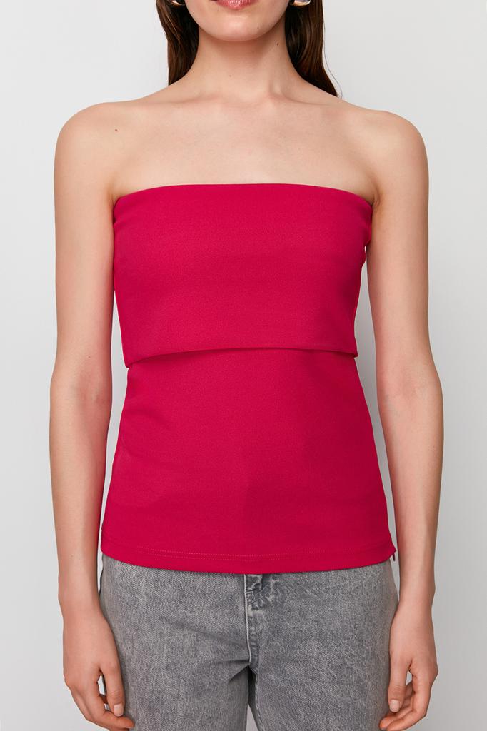 Women's Fashion New Blouse Green Strapless Collar Side Zipper Crepe Knitted Blouse