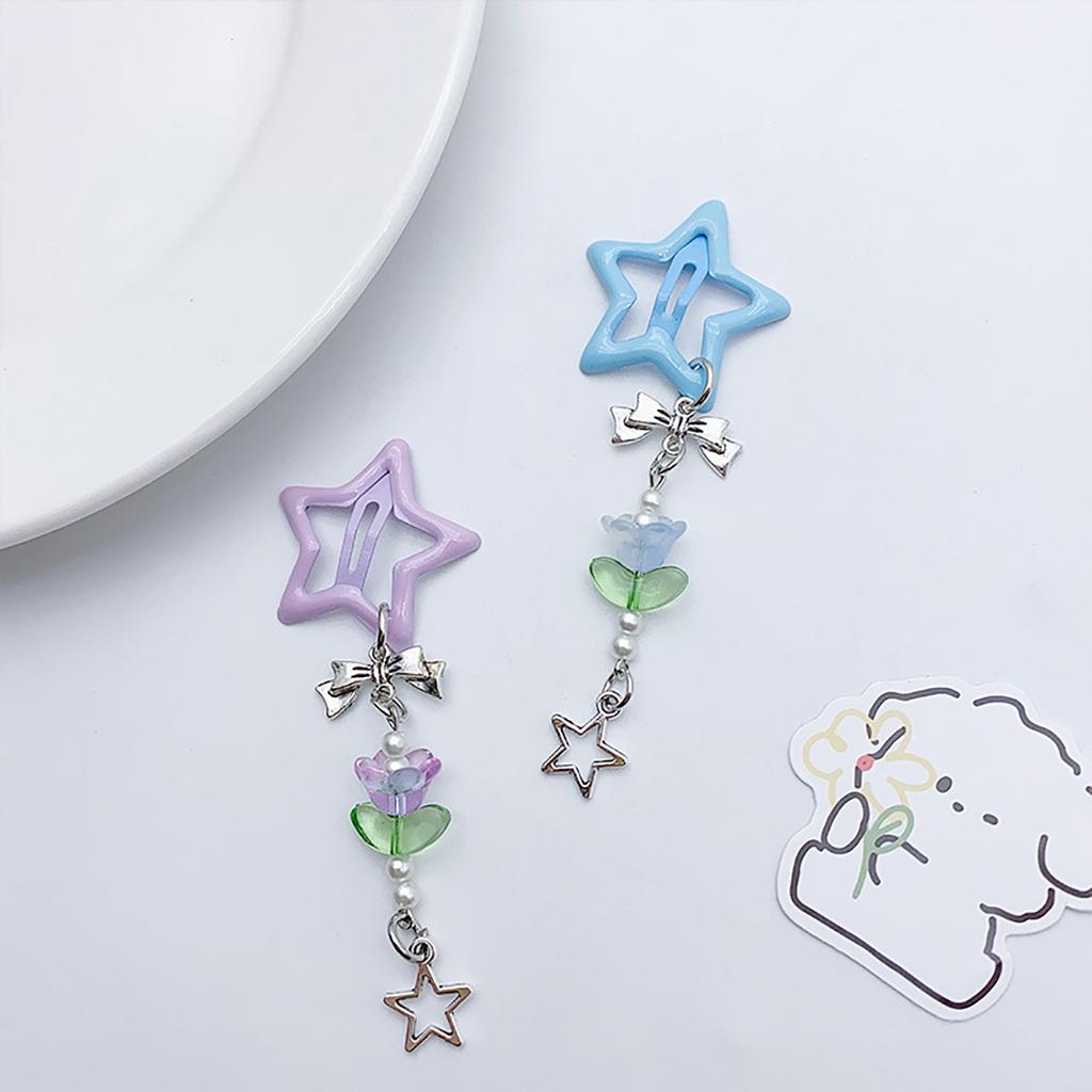 Blue/Purple Star Shape Hairpin for Girls Cute Sweet Style Charm Hair Barrettes with Flower Pendant for Photography