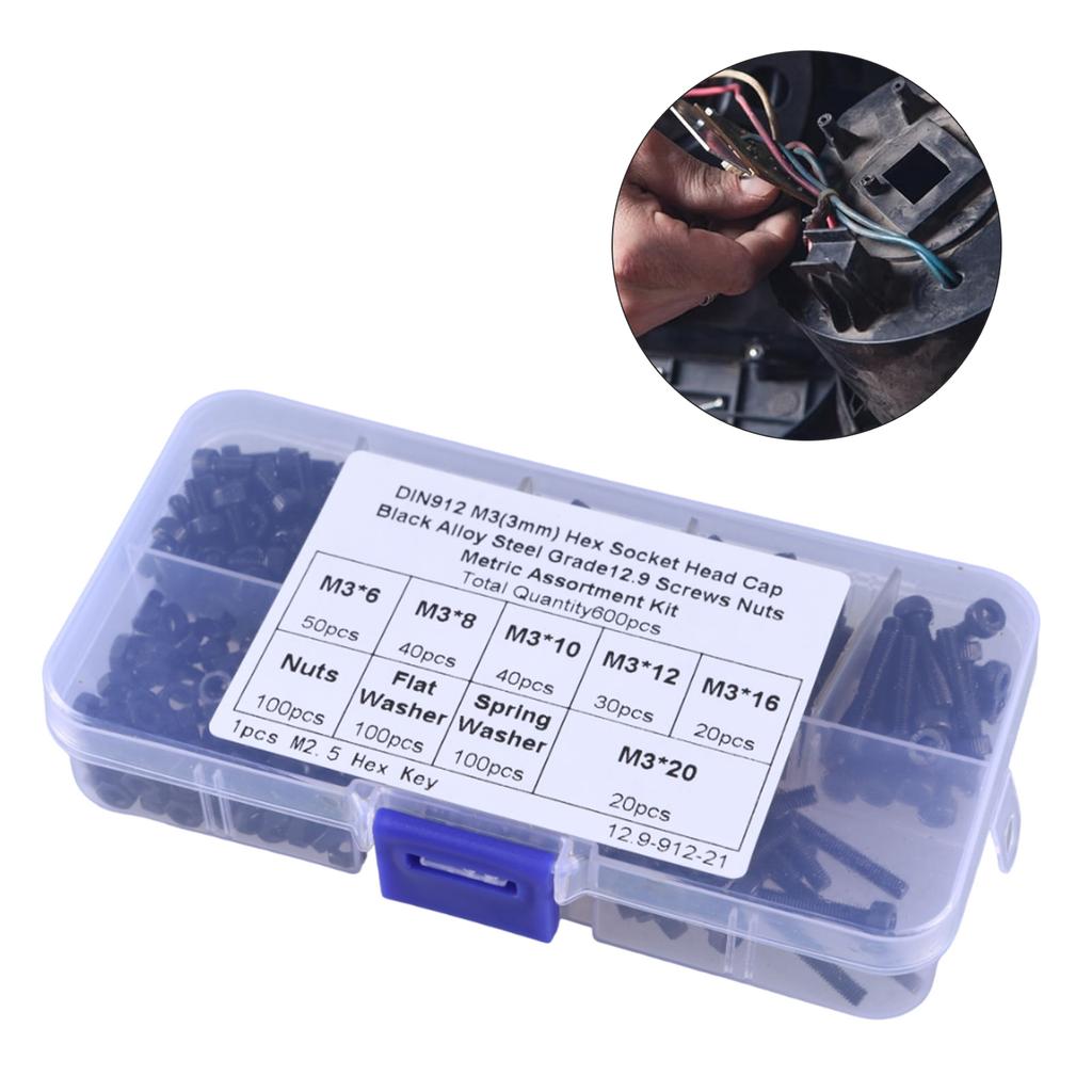 Comprehensive Hexagonal Screws with Nuts & Washers Carbon Steel Hardware Set Hexagon Socket Threaded Screws set 600pcs