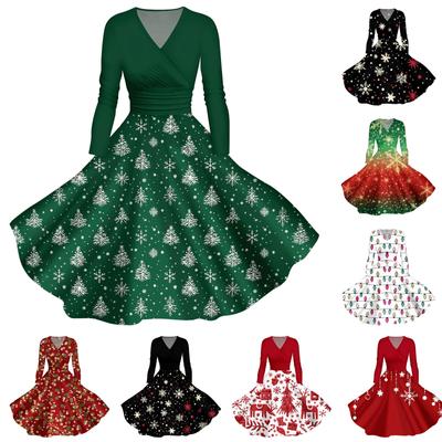 Женское повседневное модное платье с V-образным вырезом и длинными рукавами в стиле ретро с рождественским принтом в стиле ретро, осень