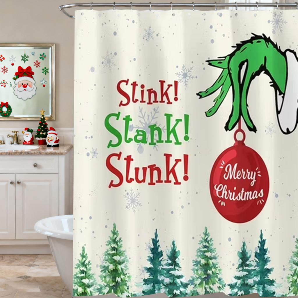Christmas Themed Shower Curtain, 180x180cm Festive Bathroom Decor With Snowflakes, Trees & Merry Christmas Ornament Design, Fabric Curtain