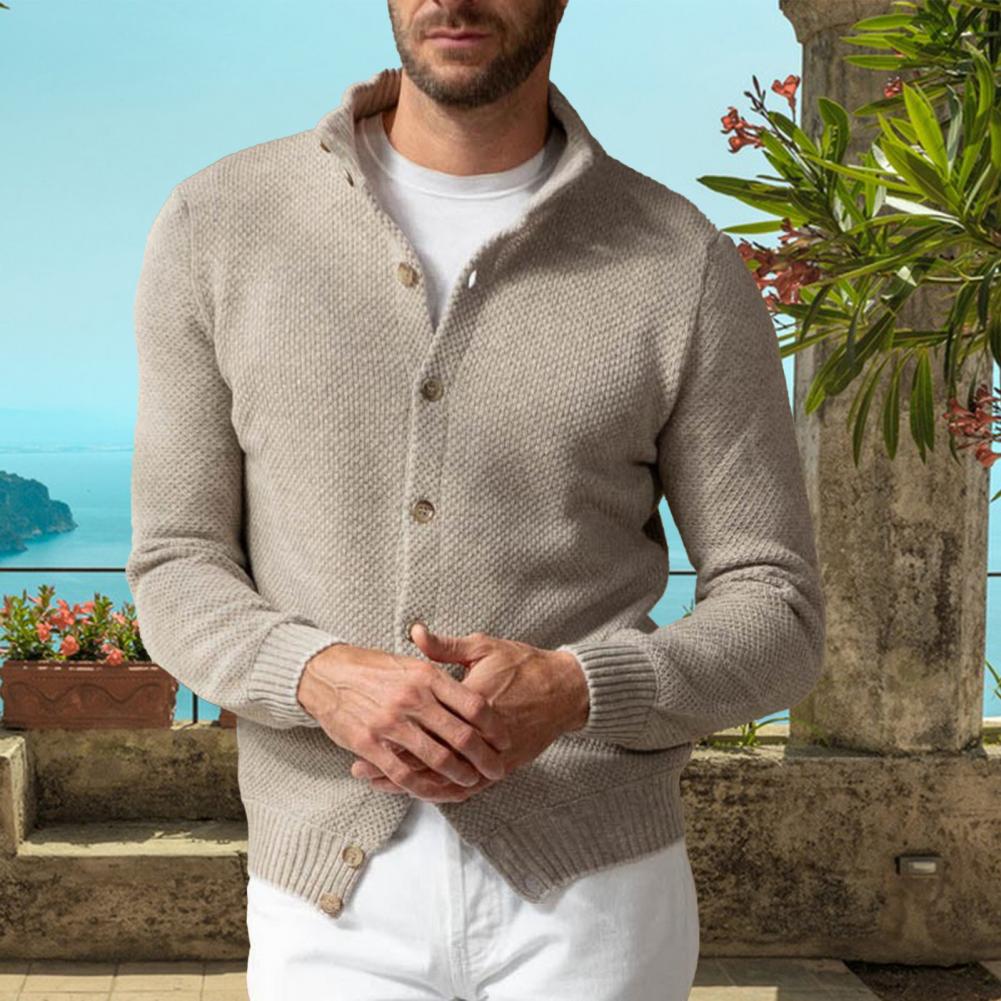 Fall Winter Men Sweater Knitted Single-breasted Buttons Long Sleeves Stand Collar Solid Color Elastic Cardigan Mid Length Daily