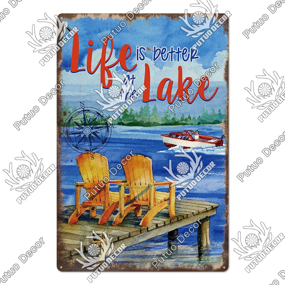 Putuo Decor Винтажные жестяные таблички «Дом у озера», деревенская табличка, металлическая пластина, настенный декор для гостиной, кухни и прихожей, постеры