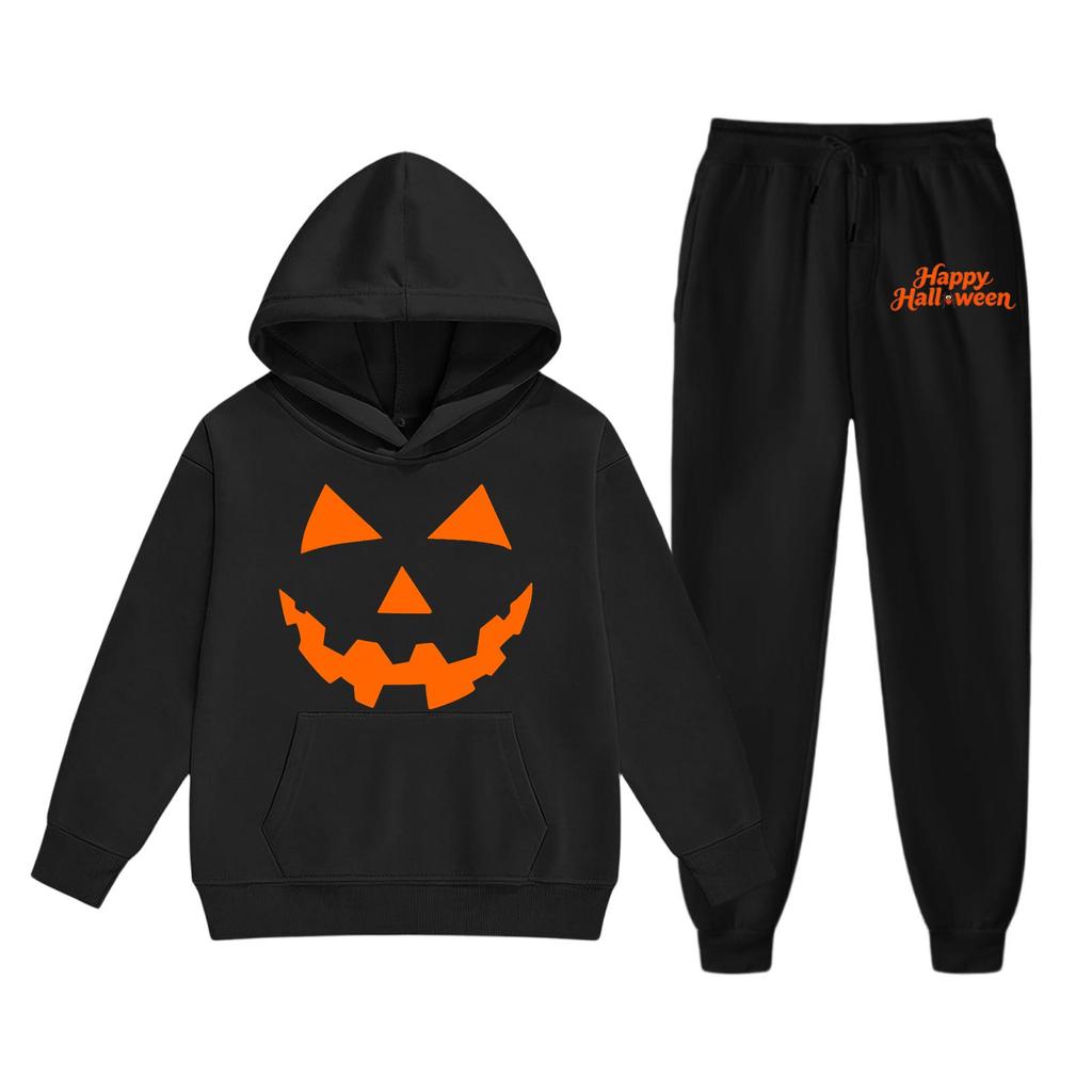 Kids Halloween Hoodie and Sweatpants Set Pumpkin Face Print Hooded Sweatshirt and Matching Bottoms Comfortable Fit for Children