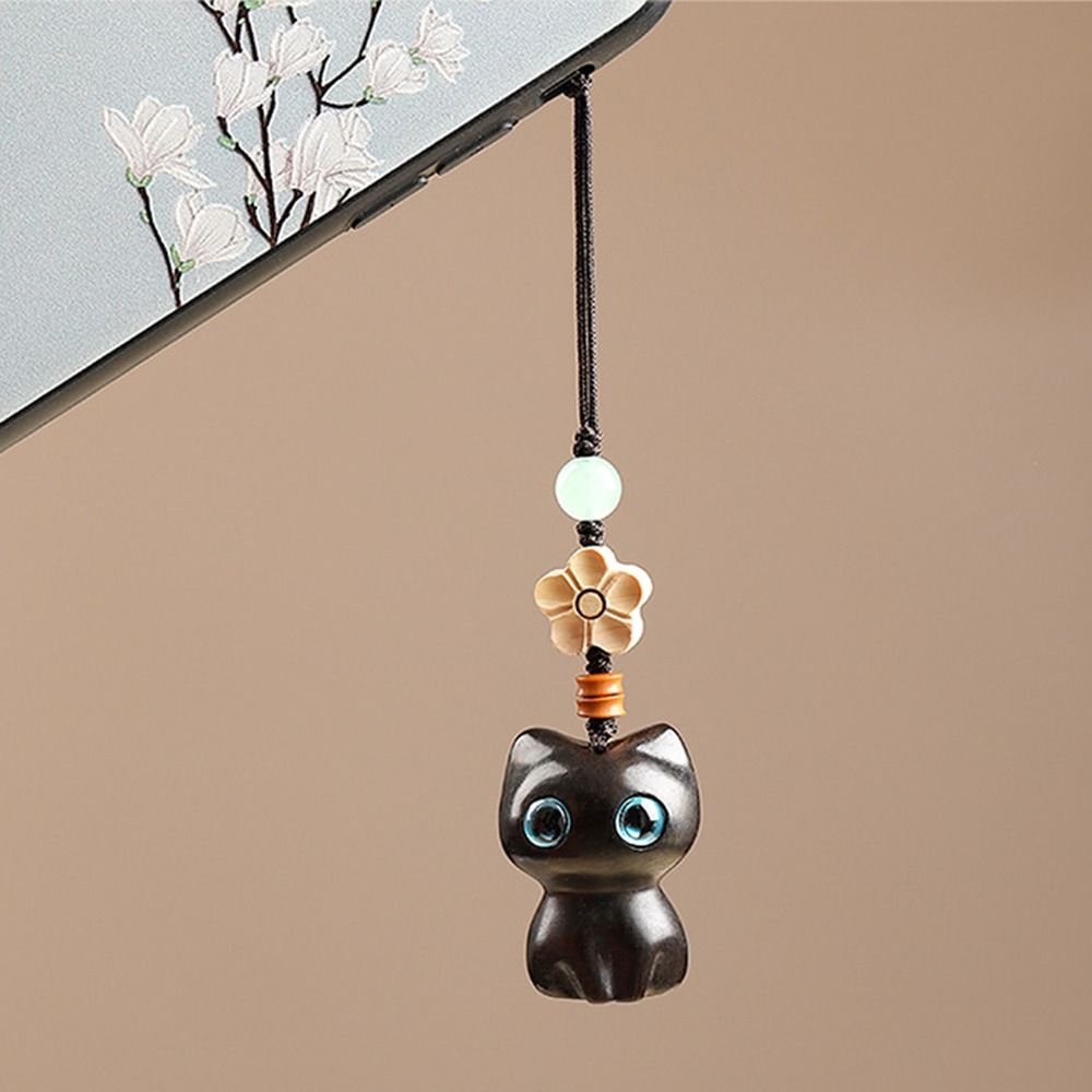 Chinese Style Pendant Mobile Phone Ring Sandalwood Key Chain Lucky Cat Pendant Key Chain Strap