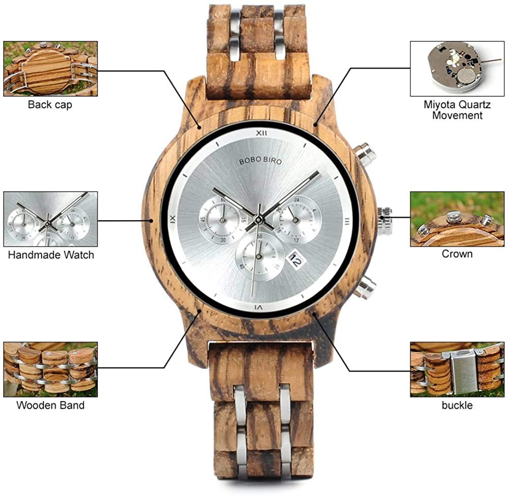 BOBO BIRD Парные часы Деревянные часы с подарочной коробкой Аналоговый японский кварцевый хронограф Легкий дисплей даты Секундомер Пара P19 P18 Мужские Женские