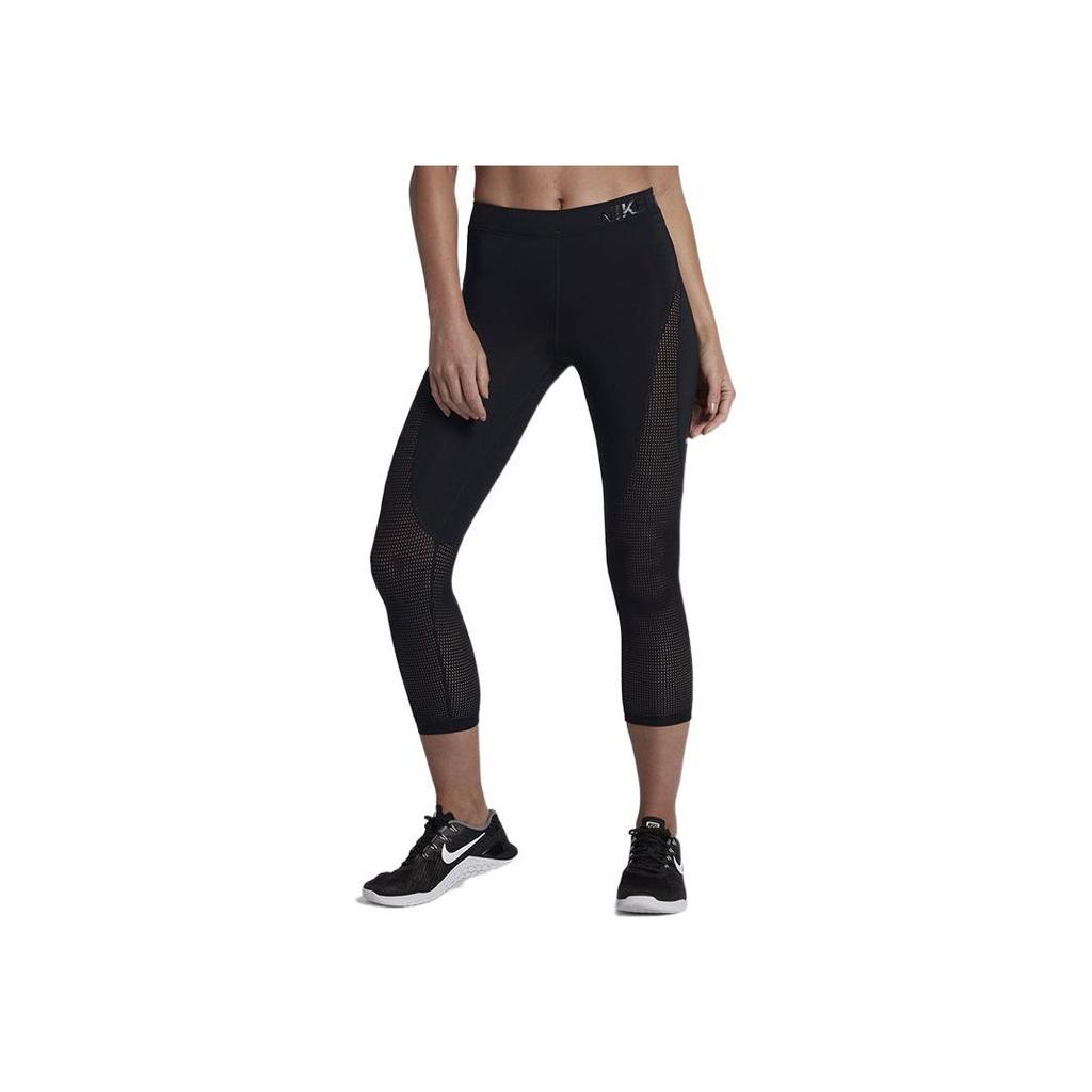 Nike Solid Color Logo Print Mid Waist Mesh Capris Women Bottoms Black 889652-010