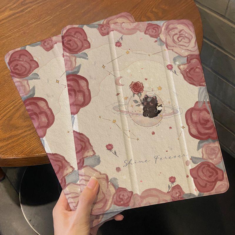 For IPad Pro 12.9 21/20/19 Rose Planet Air4/5 10.9 Air 3 10.5 Air2/1 2017/2018 Gen5/6 9.7 Flip Stand Silicone Protective Case Cover with Pen Slot