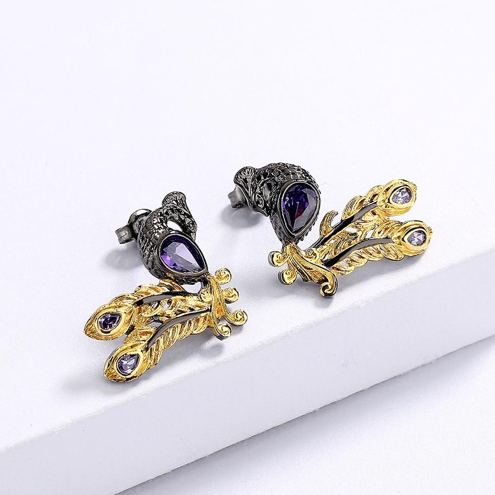 Женские серьги премиум-класса, блестящие фиолетовые серьги с цирконом, серьги в форме павлиньего пера, модные полые серьги черного золота