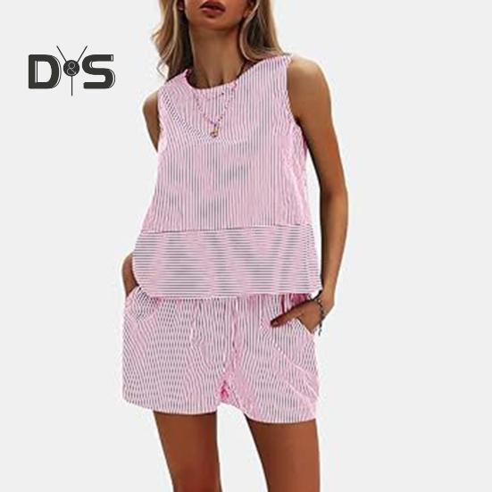 Женские летние комплекты из 2 предметов: майка без рукавов, шорты, повседневные полосатые спортивные костюмы, комплект для отпуска на пляже