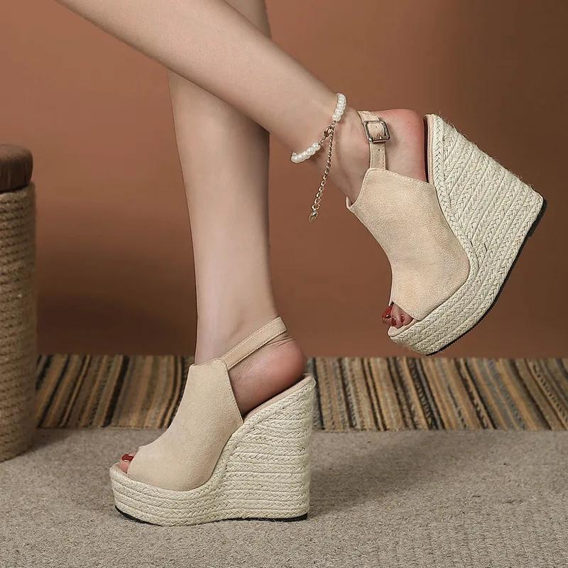 Летние босоножки на танкетке с открытым носком для женщин, модные повседневные гладиаторские туфли с пряжкой и ремешком на платформе и высоком каблуке, женские сандалии