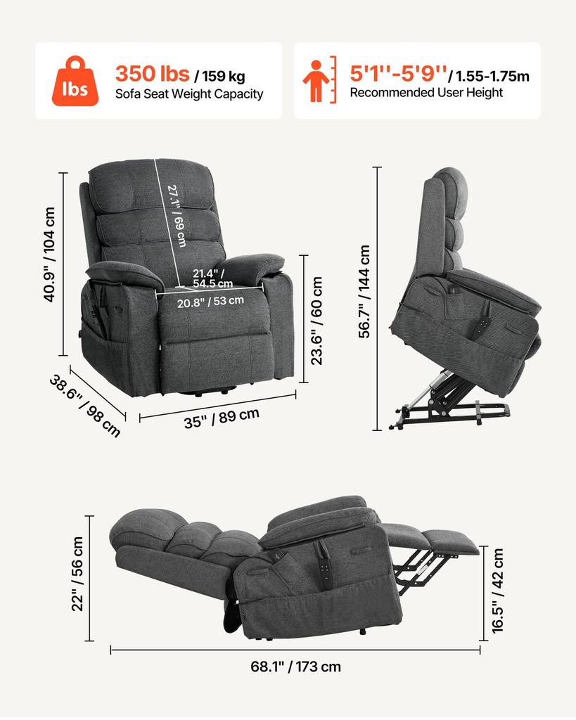 Power Lift Recliner Chair, Dual Motor, Medium Electric Lift Chair with Heat and Massage for Elderly, Infinite Position Adjustment, Chenille Fabric,