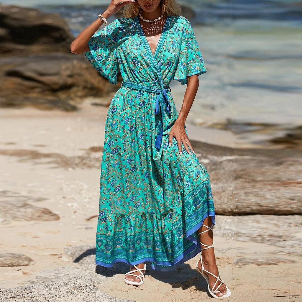 Women's V-neck Lace-up Printed Bohemian Dress Floral Short Sleeve Long Dress