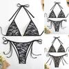 2Pcs/Set Women Bikini Set Halter Swimsuit with Bow Lace-ups Low-rise Swimming Trunks Set Snakeskin Print Split Design Beachwear