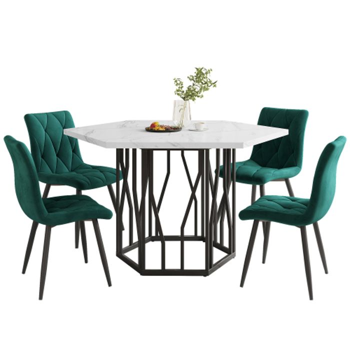 Table de salle à manger moderne hexagonale en marbre + 4 chaises de salle à manger en velours vert