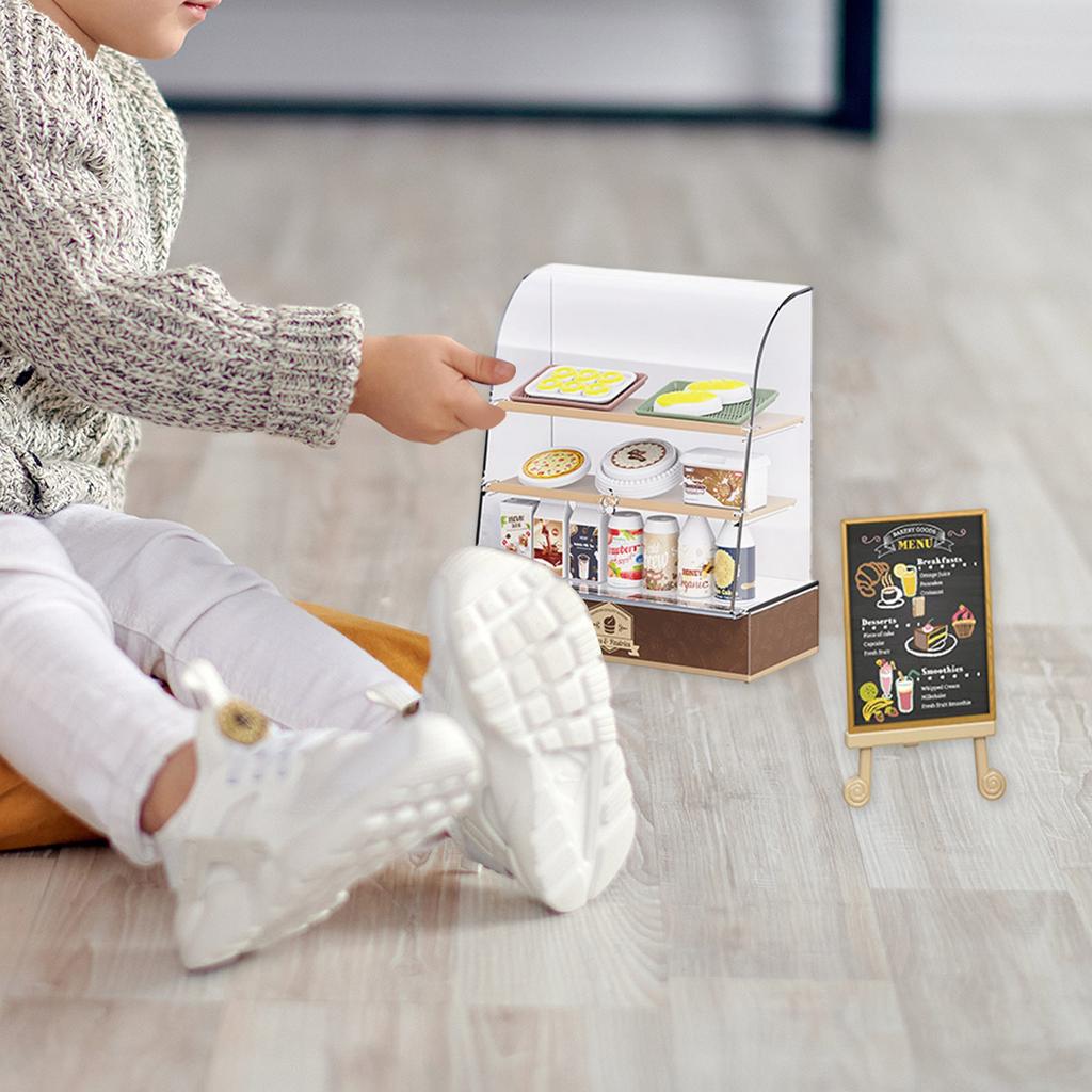 Miniature Bakery Display Case with Dessert Figurine Set for Dollhouse Bakery Store Display Kids Pretend Play Kitchen Toy