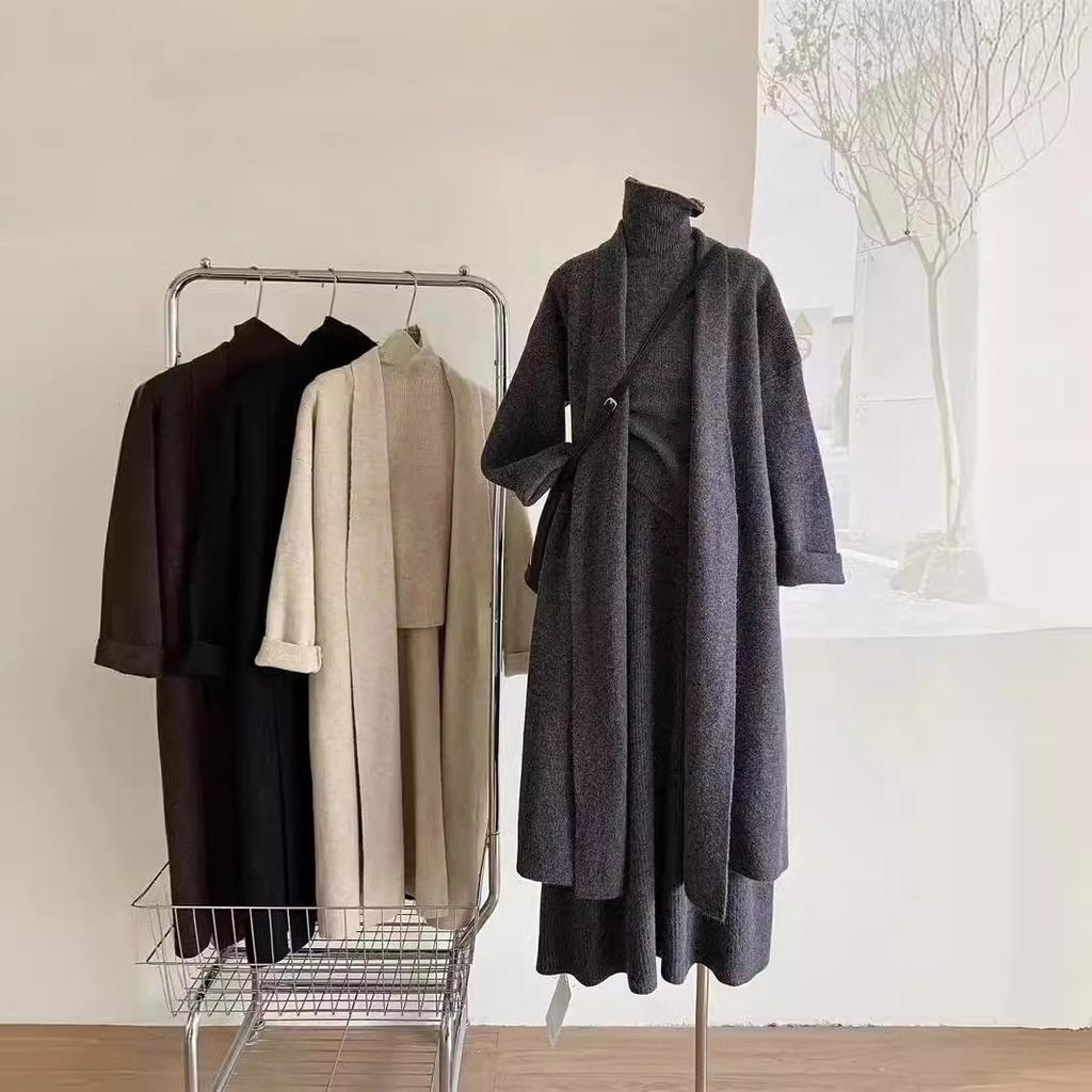 Women Spring Autumn Winter Three Piece Sets Long Sweater Turtleneck Vest Jumper Dress Knitted Crochet Coat Y2k High Waist Skirt