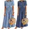 Spring Summer Demin Dress Solid Color Single Breasted Long A-Line Dress for Office