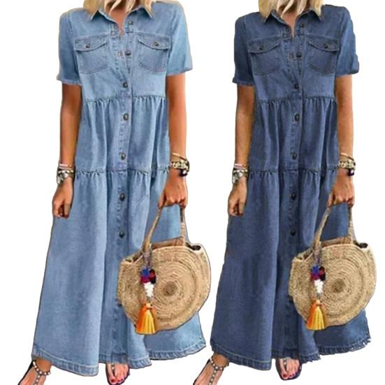 Spring Summer Demin Dress Solid Color Single Breasted Long A-Line Dress for Office