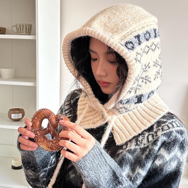 Шапка-балаклава Снежинка для женщин Осень и Зима Новая вязаная шапка Теплый шарф для шеи Встроенная защита ушей Шерстяная шапка