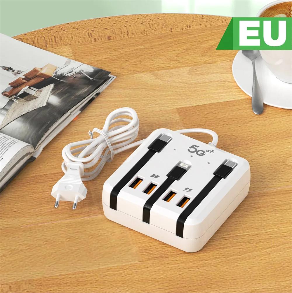 66 Вт USB Type C зарядное устройство с несколькими портами настенное зарядное устройство с выдвижным USB-кабелем для iPhone15 Samsung Xiaomi удлинитель розетка