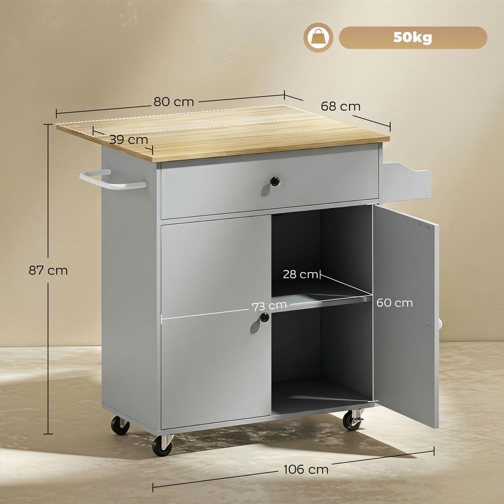 Kitchen Island with Drop Leaf, Rolling Kitchen Storage Trolley on Wheels with Drawer, Spice Rack and Towel Rack, Grey