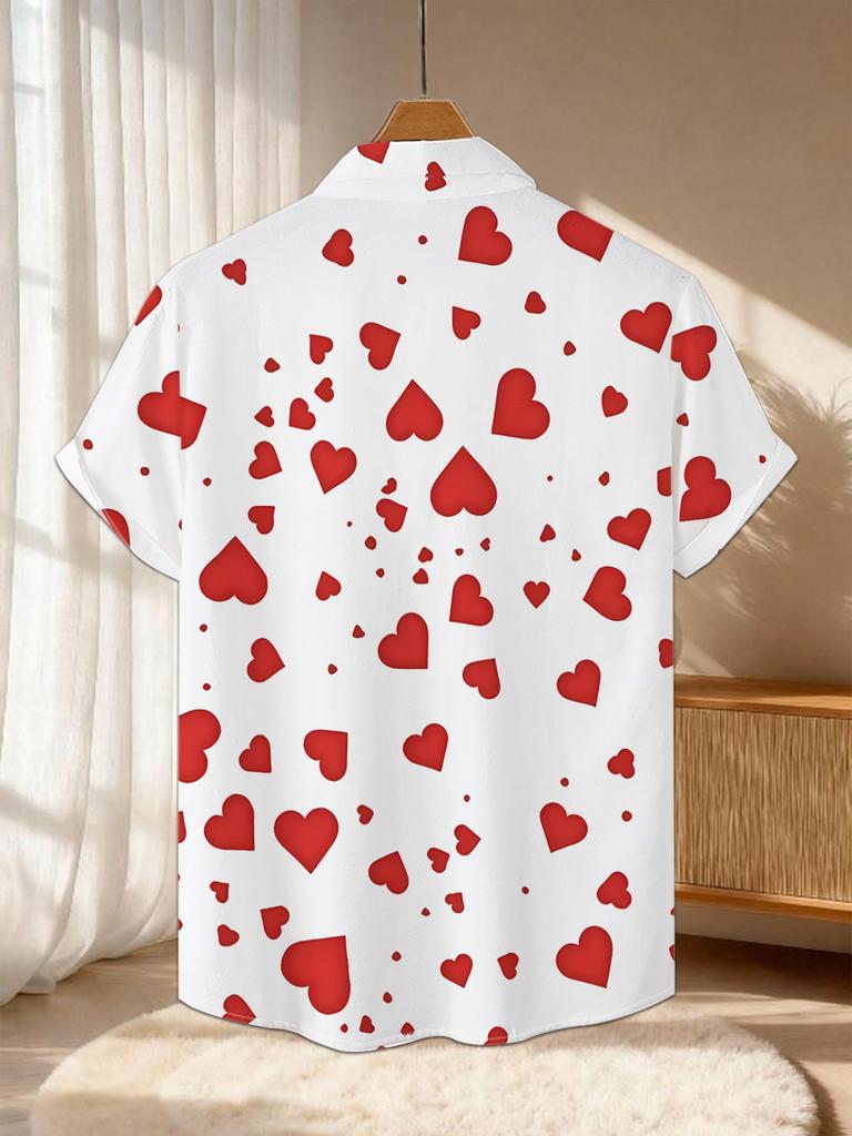 New Men's Casual Short-Sleeve Shirt with White Base and Red Hearts of Various Sizes, Versatile Top for Holiday Parties and Commuting, Machine-Washable