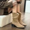 Fashion Women Western Boots Retro Slip-on Ladies Short Boots Pleated Cow Suede Leather Chucky Heels Shoes Cowboy Boots Autmn Winter New