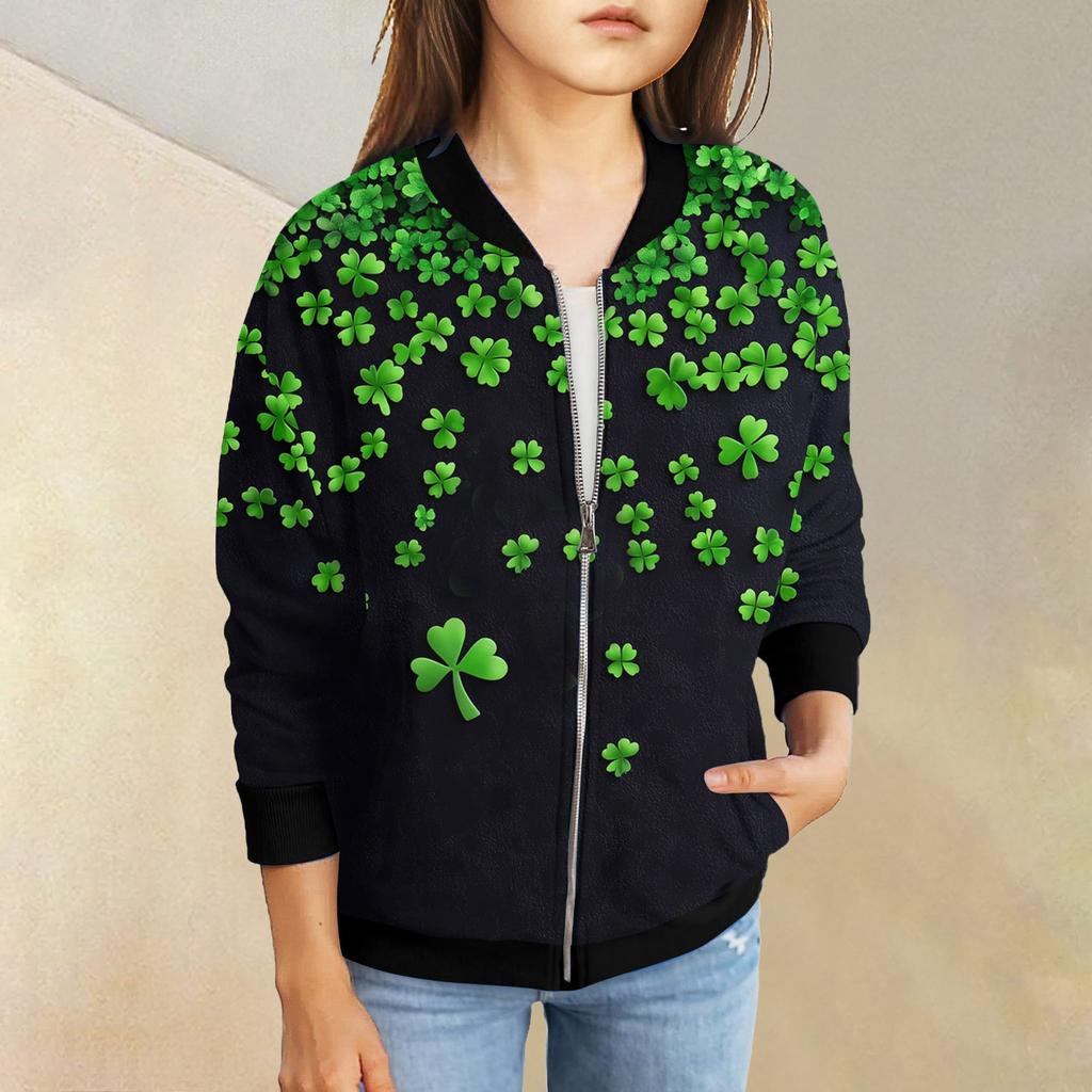 Девочки куртки на молнии детские осенние толстовки с длинным рукавом верхняя одежда с карманами St. День Святого Патрика 5-15 лет