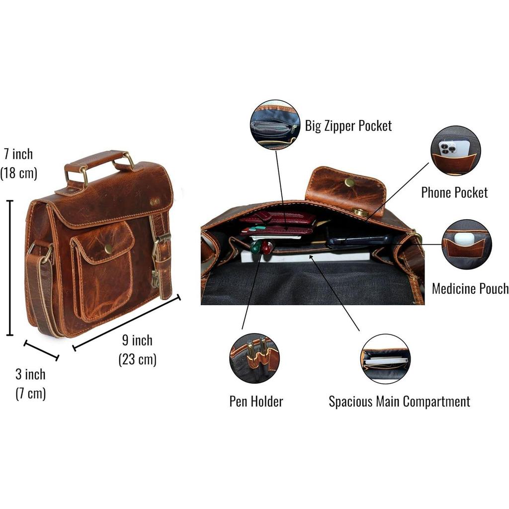Small Leather Messenger Bag Shoulder Bag Cross Body Vintage Messenger Bag for Women & Men Satchel (7 X 9)