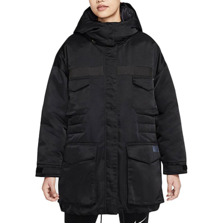 Nike Спортивная одежда Down-Fill City Ready Теплое светоотражающее длинное пальто с несколькими карманами и капюшоном Женская верхняя одежда Черный CZ1142-010