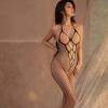 Sheer Fishnet Bodysuit Lingerie Set with Hollow Out Bodycon Skirt and Stockings