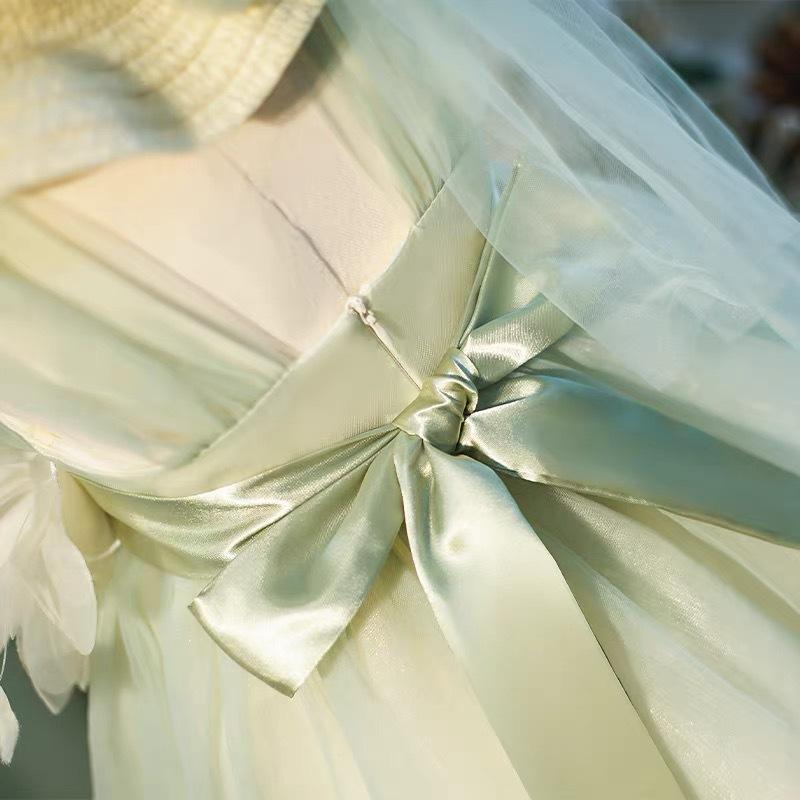 Girls Mint Green Tulle Dress With 3D Flowers And Bows Fairy Party Gown For Children