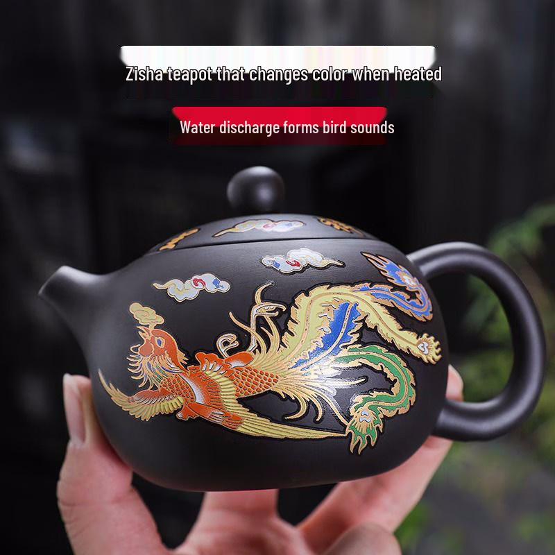 Термочувствительный меняющий цвет чайник из цзыша с изображением Дракона и Феникса и носиком в виде птицы, издающим звук