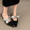 Fashion French Baotou Slippers Satin Fashion Fairy High Heels New Pointed Toe Shallow Mouth Temperament Bow High Heels