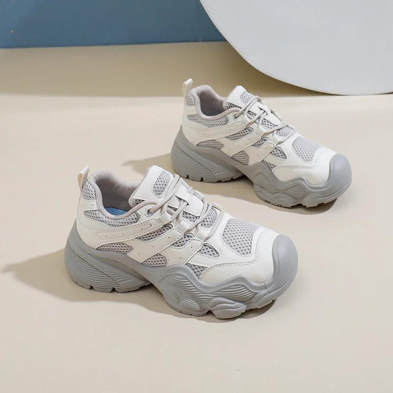2024 New Platform Sneakers Women Mesh Solid Color Breathable Lace-up Round Toe Thick Sole Ladies Shoes Handmade 35-40